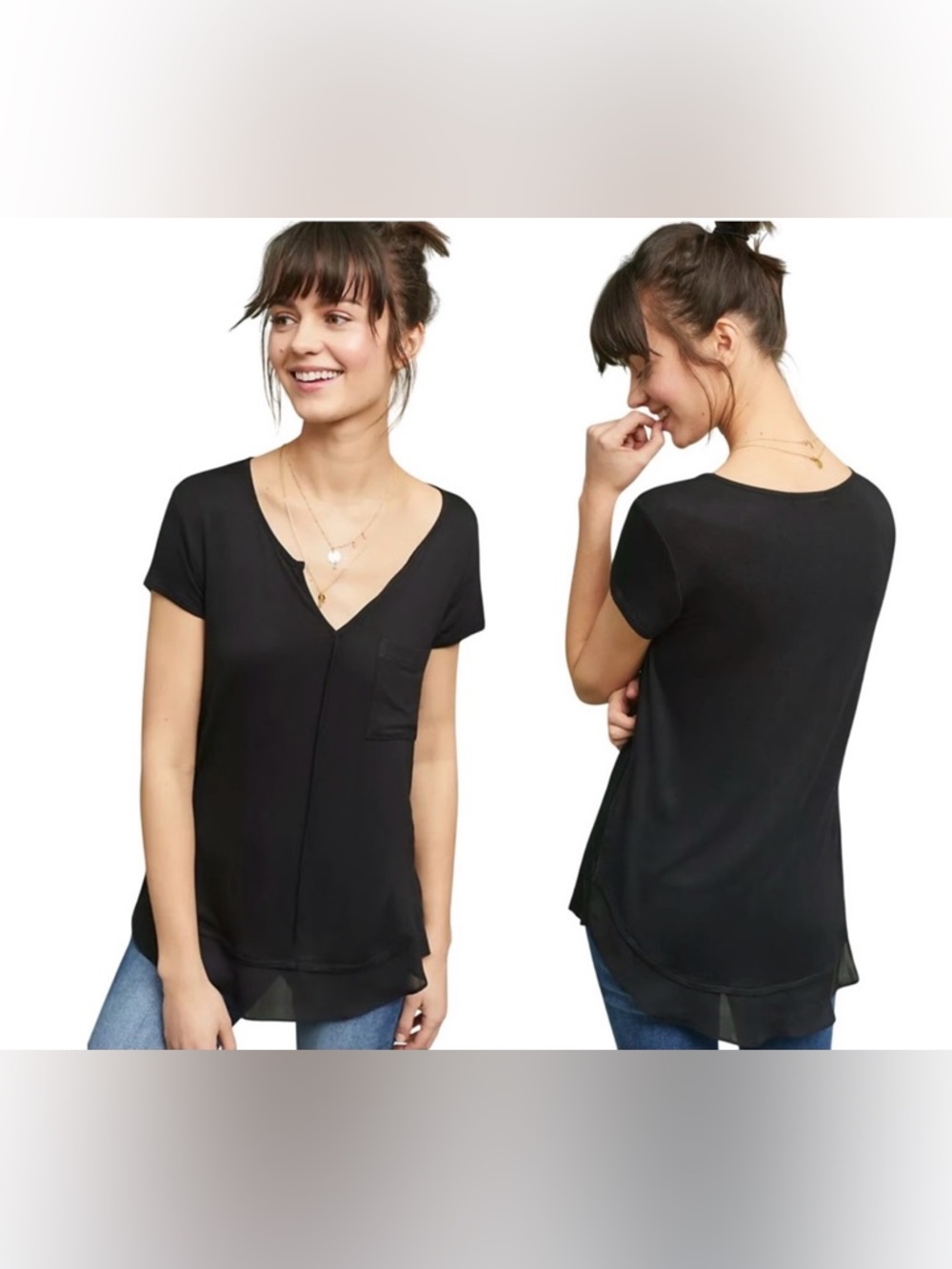 Anthropologie Bordeaux Kerry Black V-neck Top split neck tee shirt tee blouse